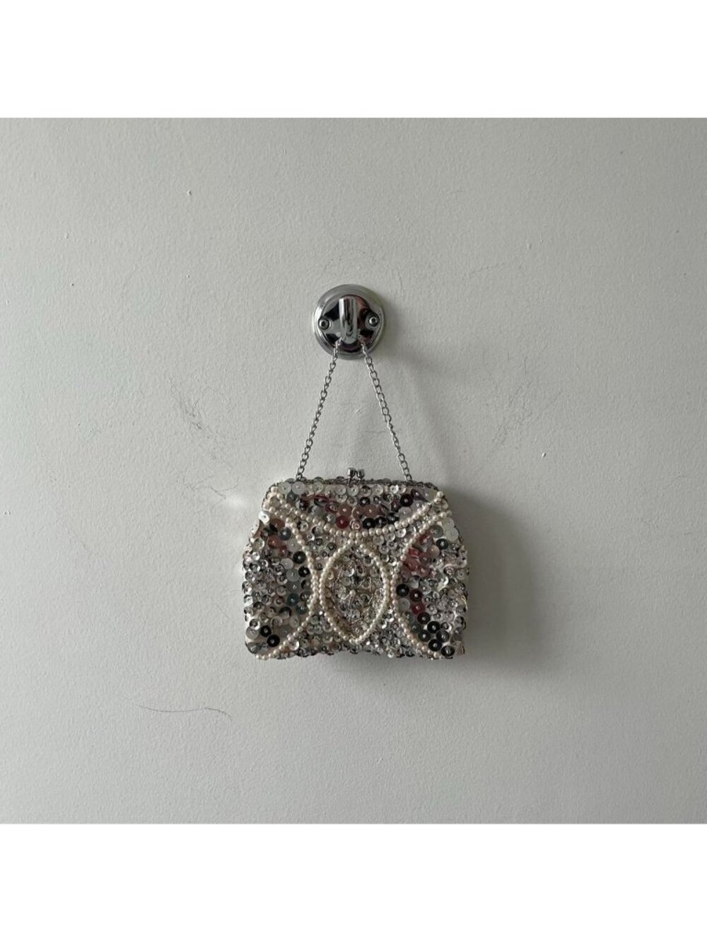 Silver / White Toned Vintage Coin / Hand Purse W/ Sequin & Pearl Accents
